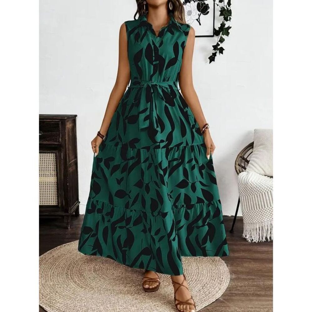Everyday the Label Tiered Floral Print Maxi Dress Women Dark Green Dresses